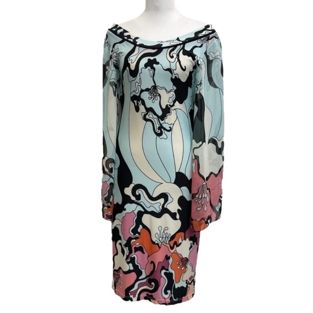 Analili Blue Floral Boat Neck Flare Sleeve Retro Shift Dress